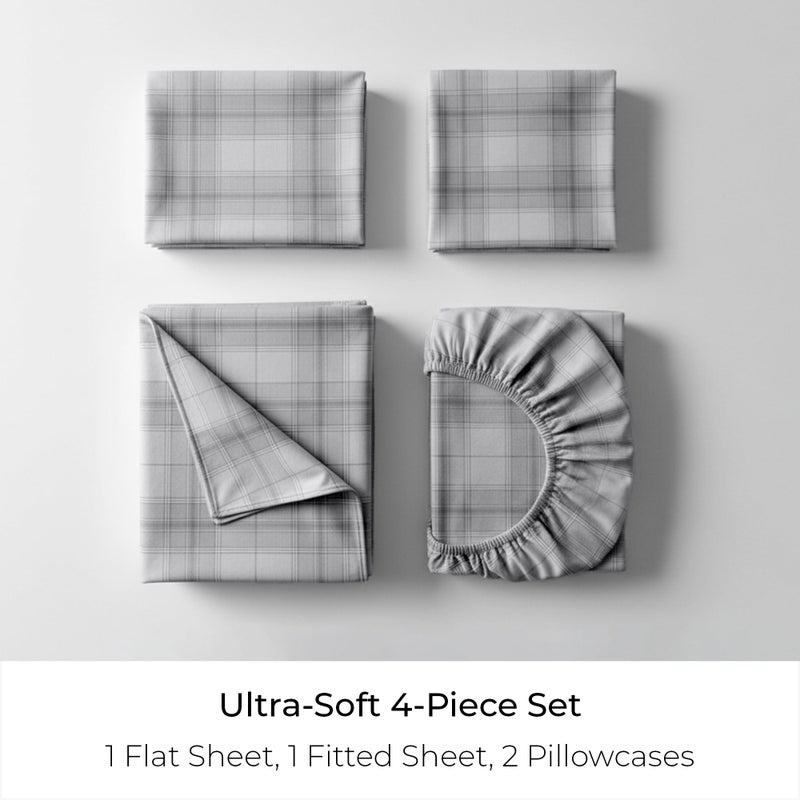 Mellanni Flannel Bed Sheet Set - 4 Piece Luxury 100% Heavyweight 180GSM Cotton - Cozy, Soft & Breathable - Deep Pockets with All-Around Elastic - Warm & Comfortable (California King, Light Gray Plaid) - Image 3